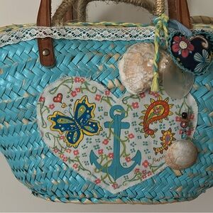 Beach/ camping shoulder bag with leather handles blue turquoise. Mallorca-Spain